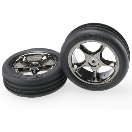 Traxxas Tires & wheels, assembled (Tracer 2.2" black chrome wheels, Alias ribbed 2.2" tires) (2) (Bandit front)