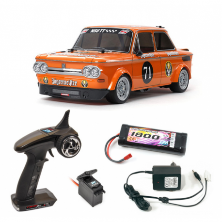 Tamiya Pack Promo NSU TT JAGERMEISTER M05 1/10E + BATTERIE, CHARGEUR, RADIO, SERVO - 58649L