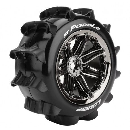Louise RC - ST-PADDLE- 1-8 Stadium Truck Tire Set - Mounted - Sport - Black Chrome 3.8 Bead Style Wheels - Hex 17mm - L-T3290BC